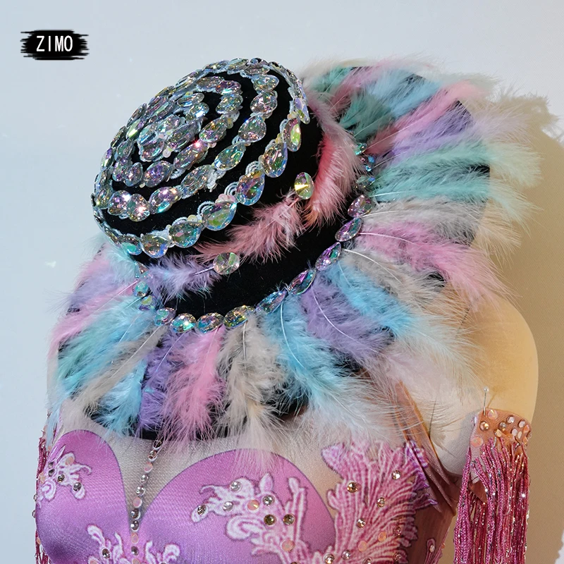 

Stage Accessories Feather Big Rhinestones Hat Black Hats Women Fashion Party DS Prom Hat Dancer GOGO Singer Top Hat Performance