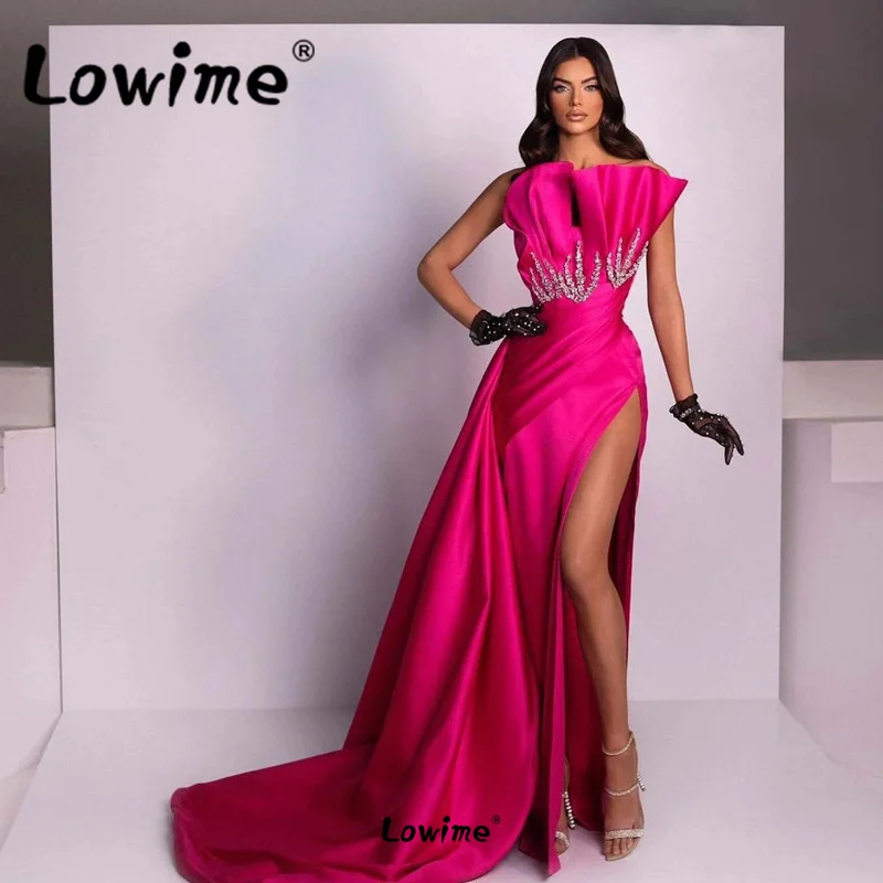 Hot Pink Long Fuschia Satin Elegant Evening Dresses Mermaid Strapless Prom Formal Dress for Women Wedding Party Celebrity Dress