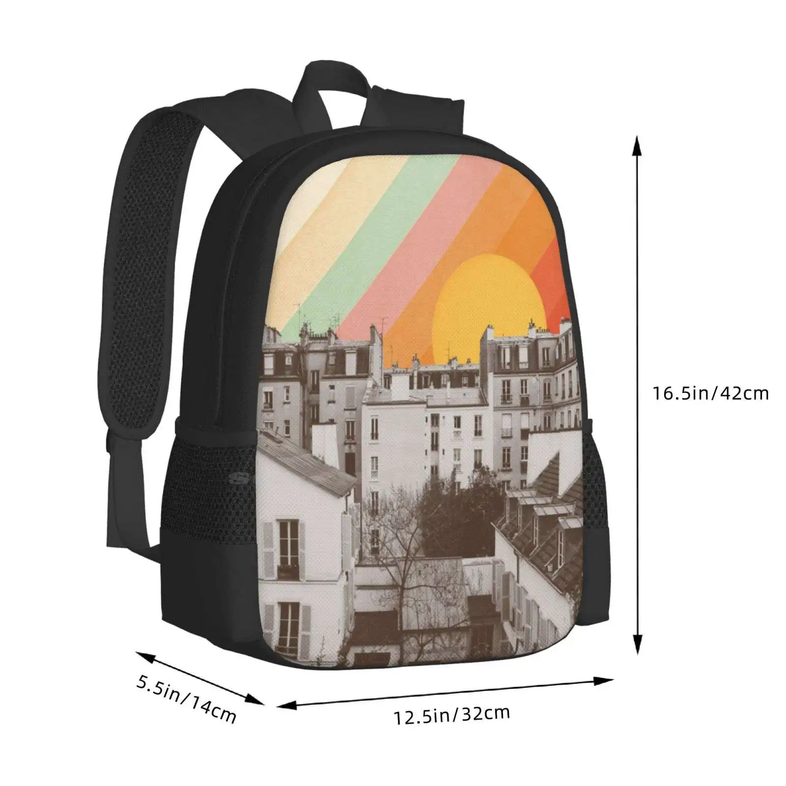 Bolsas Unisex de cielo arcoíris sobre París, mochila para estudiantes, Collage de colores del Arcoíris, color rojo, naranja, Ciudad de París, recién llegados