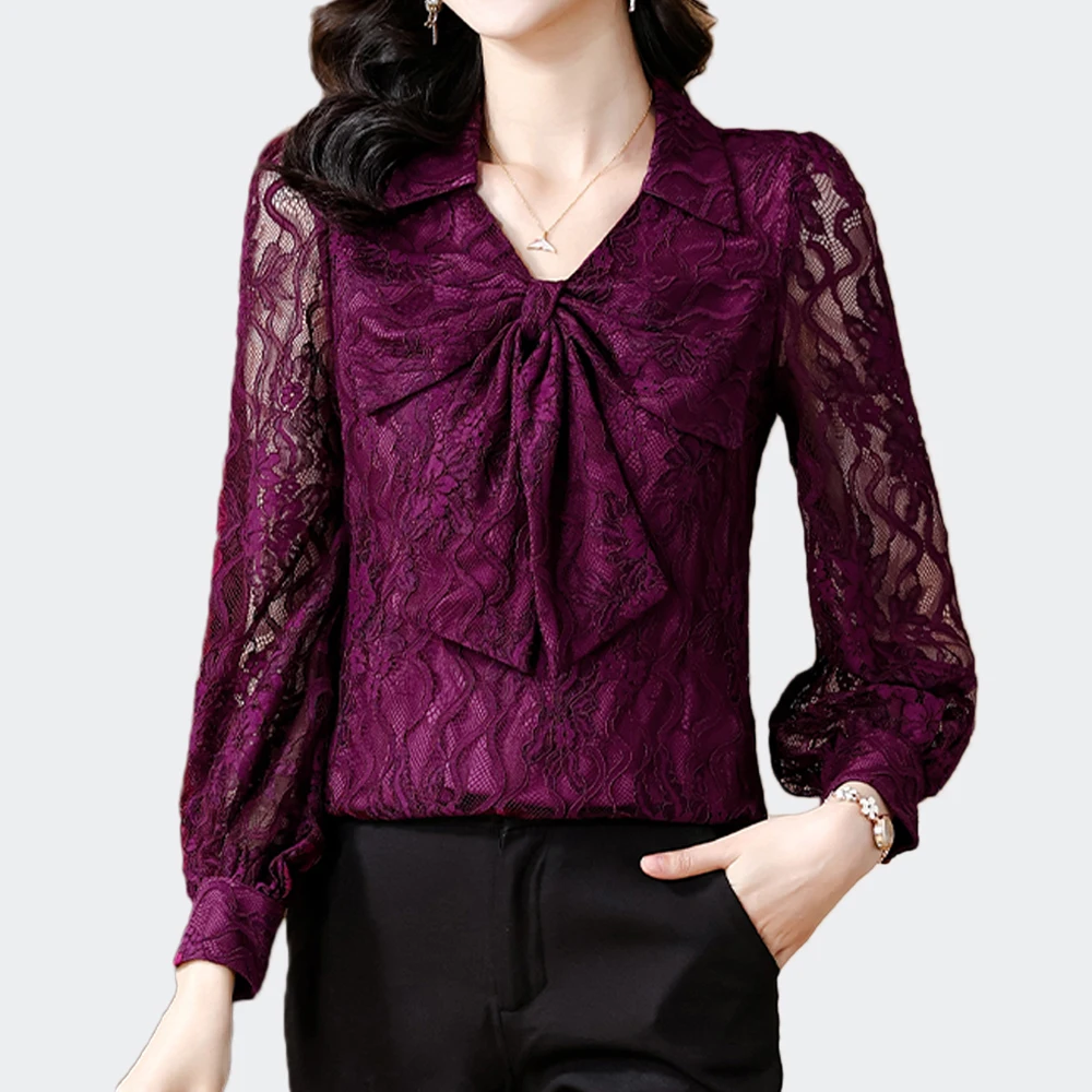 Elegant Lace Blouses Women Chic Bow Tie Sexy Hollow Out Long Sleeve Women Shirts Blusas Mujer 2024 Clothing