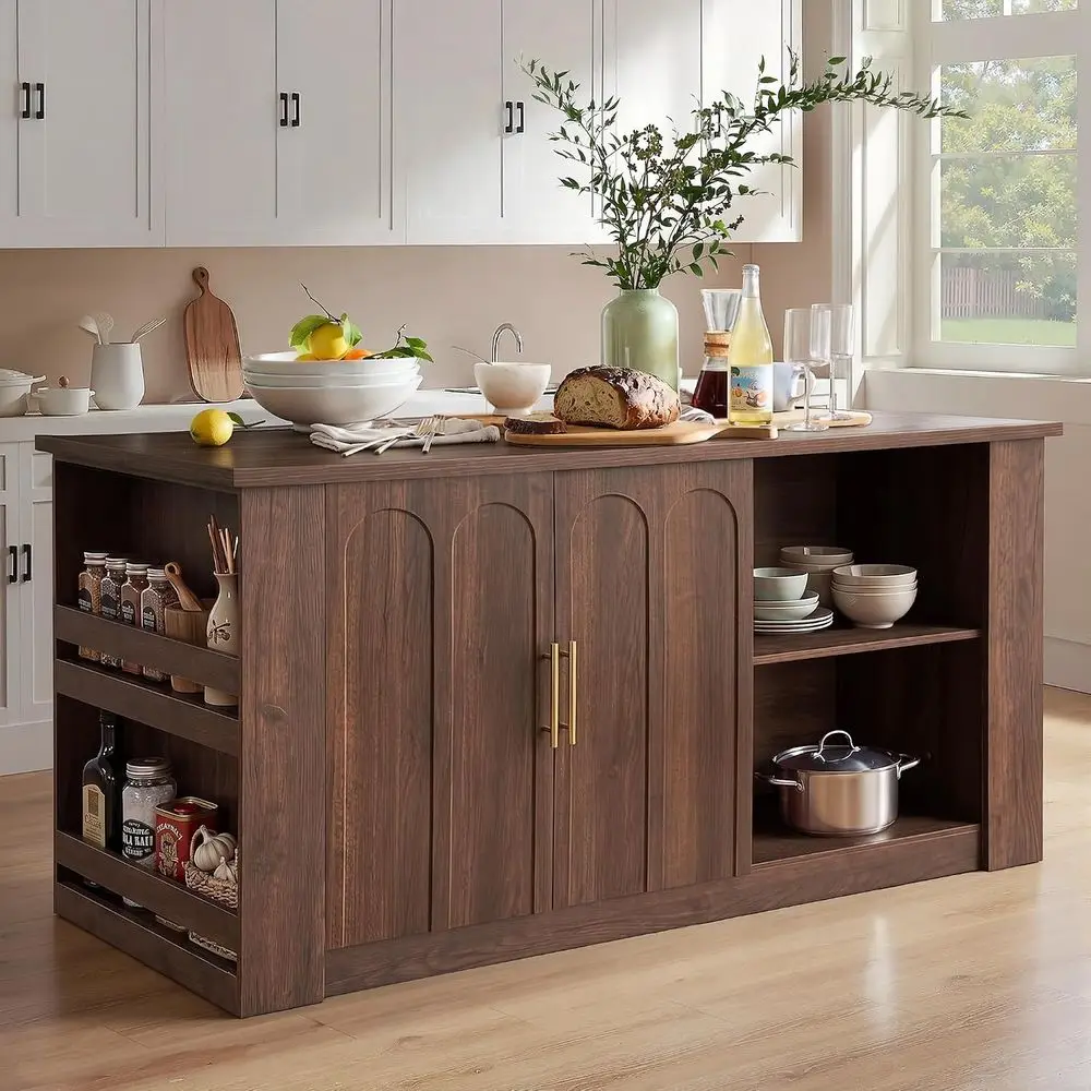 62.9" Large Kitchen Island with Storage, Arched Do, Walnut | Century ern Kitchen Island with Seating, Wood Island Table with She