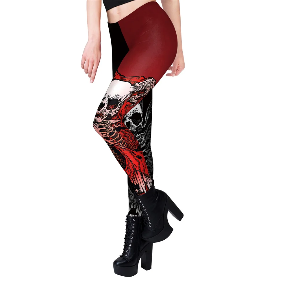 FCCEXIO Women Leggings Black Red Splice Skull Print Sexy Legging Female Fitness Leggings Push Up Stretch Leggins Mujer Halloween