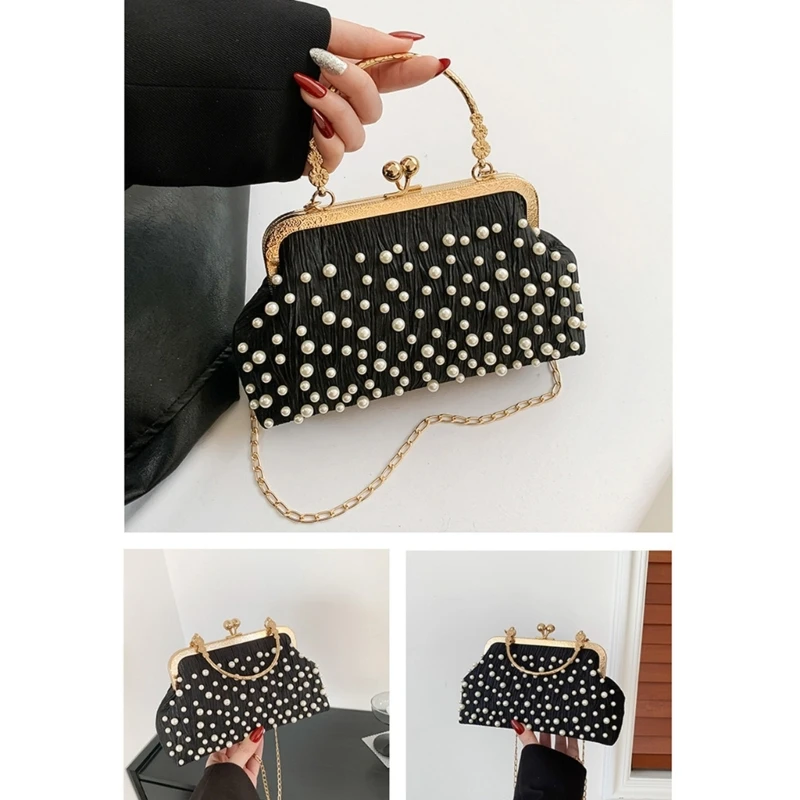 E74B Women\'s Fashion Evening Clutch Handbag Embellished Evening Party Purse with Metal Chain Shoulder Bag