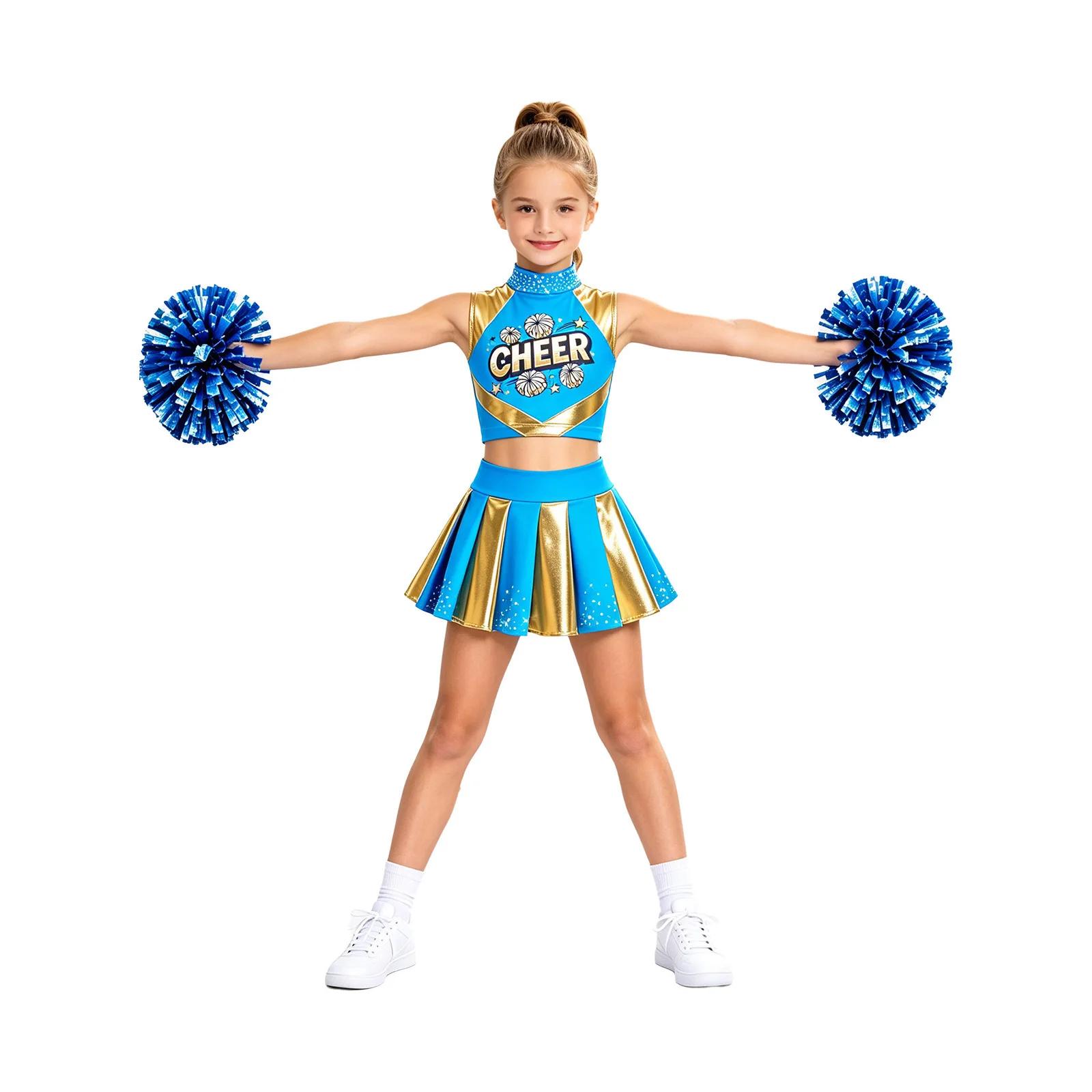 Cheerleader-Kostüm für Mädchen, Cheerleading-Uniform, 2-teiliges Set, ärmelloses Top mit Strasssteinen und „CHEER“-Aufdruck, kurzes Oberteil, plissierter Rock, Tanzoutfit. – Detail 21