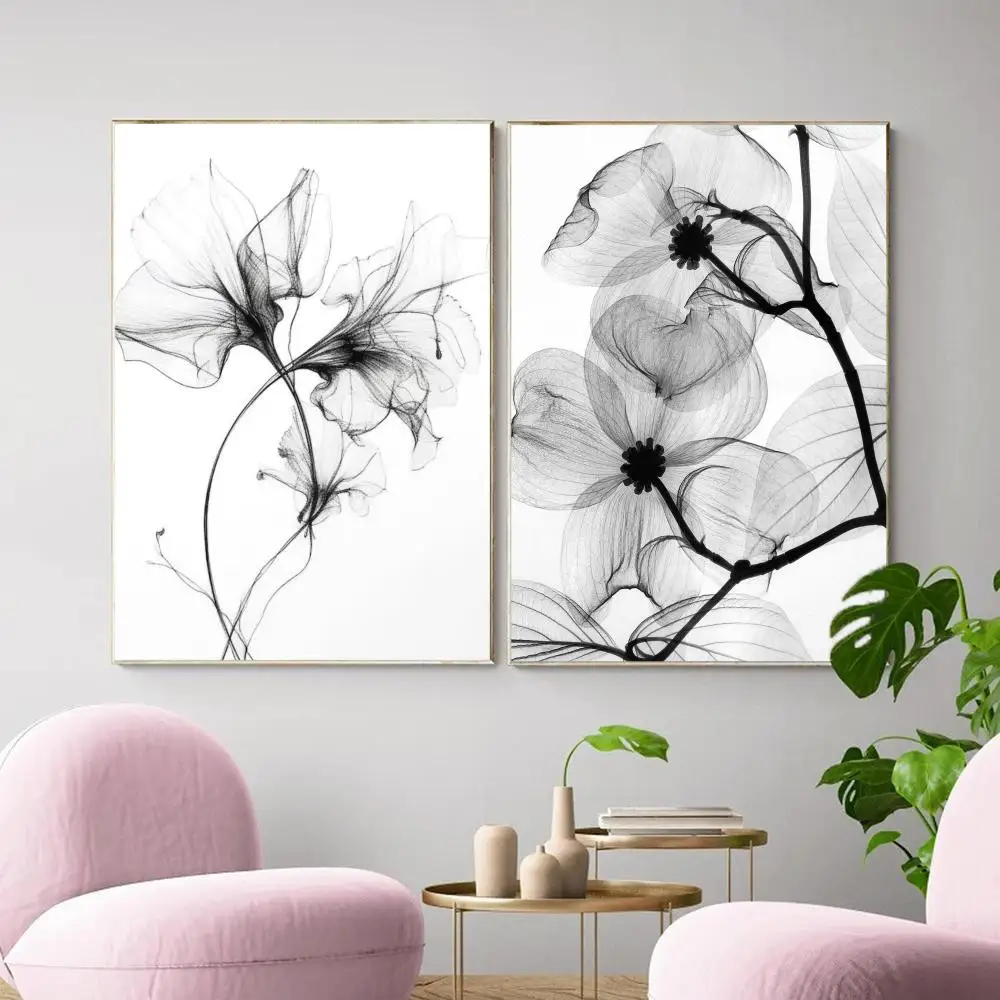 Black and white ink Flowers Painting Calligraphy Canvas Poster Wall Art Aesthetic Home Decoration for Living Room