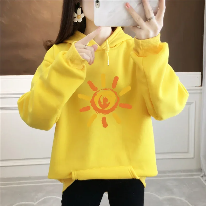 

Loose Harajuku Style Sweatshirt Pullover Kawaii Graffiti Sun Print Pattern Fleece Women Hoodies Autumn and Winter Japan Korean