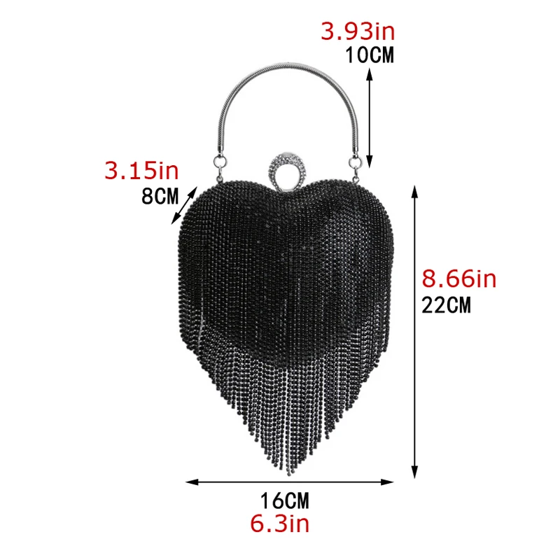 Tassel Women Evening Bags Diamonds Heart Design Fashion Rhinestones Day Clutch One Side Handle Handbags Purse