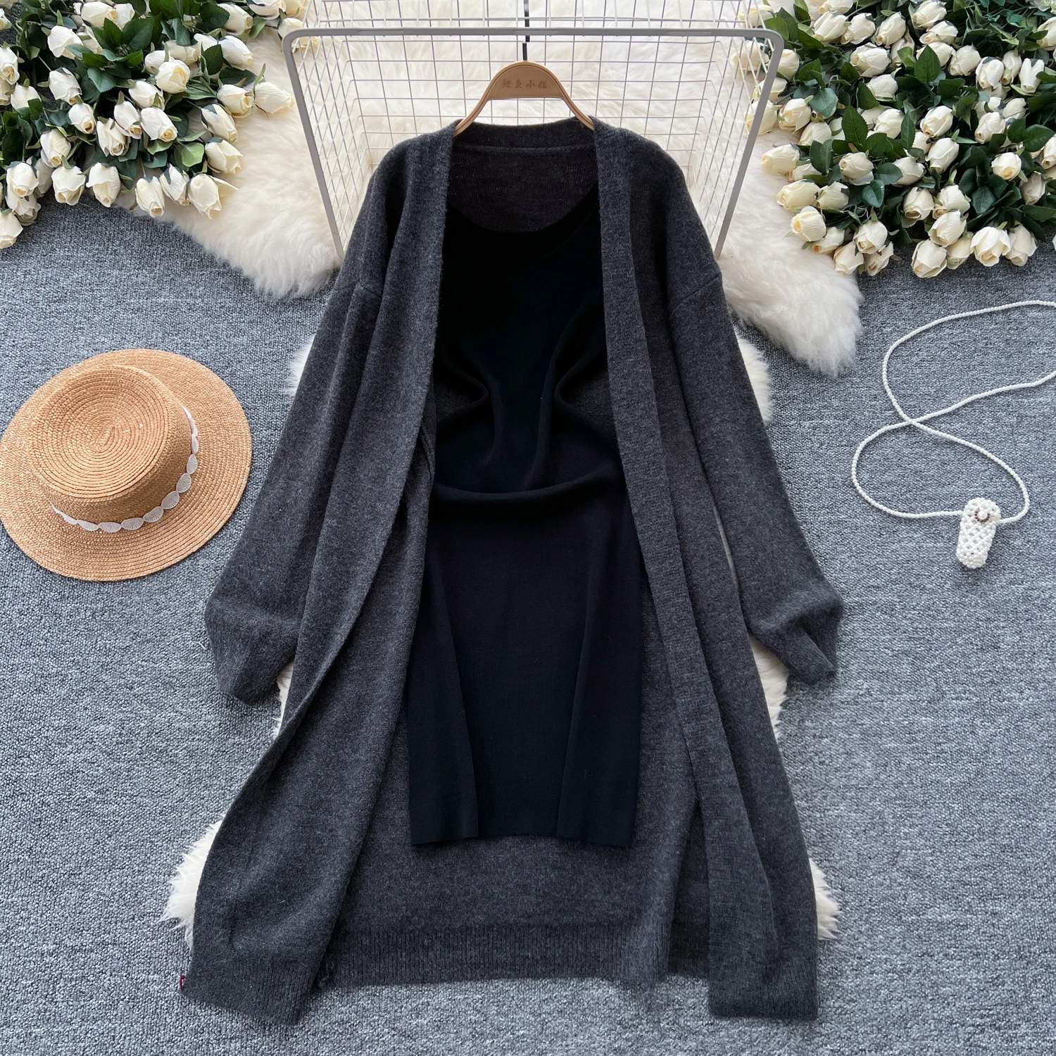 

Autumn/Winter New Set Women's Medium to Long Loose Sweater Shawl cardigan Coat+Knitted Suspender Strap Dress Two Piece Sets