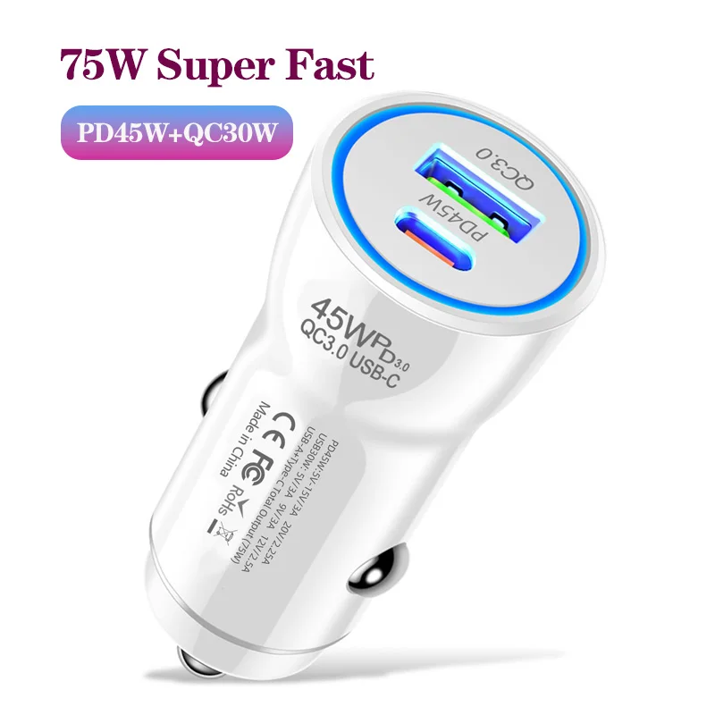 

2Port 38W/48W/75W Car Charger QC3.0/PD20W/PD30WPD45W Car Super Fast Phone Charger Adapter for iPhone iPad Xiaomi Huawei Samsung