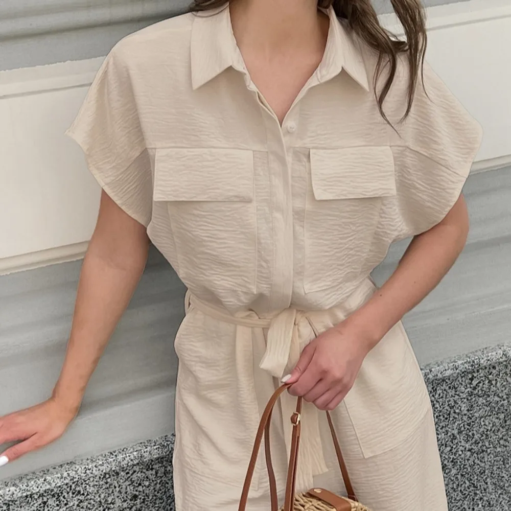 TWOTWINSTYLE – combinaison kaki légère pour femmes, décontractée, revers, manches courtes, taille haute, jambes larges, avec lacets