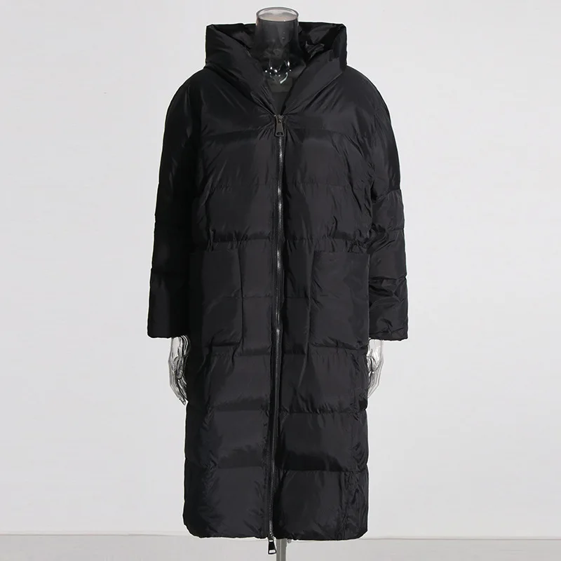 

Winter Long Big Pocket Hooded Down Jacket Female Warm Quilted Knee Length Down Jackets Women Double Zipper Thick Parker Outwears