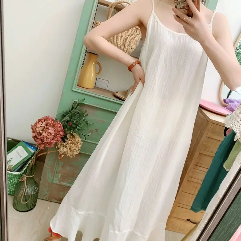 Summer 100% Cotton White Camisole Long Dress Women Oversize Casual Loose Basic Bottom Dress Female Comfortable Clothing X1284