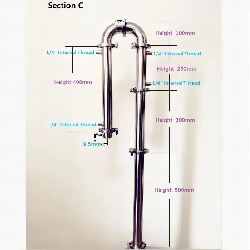 2inch Ferrule OD64mm Sanitary Distiller Column Reflux Tower Combination for Home Brewing Stainless Steel 304