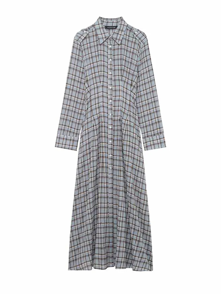 HH 2026 Woman Fashion Comfortable Long Sleeves Single Breasted Shirt Style Plaid Long Dress Female Versatile Outing Dress Mujer