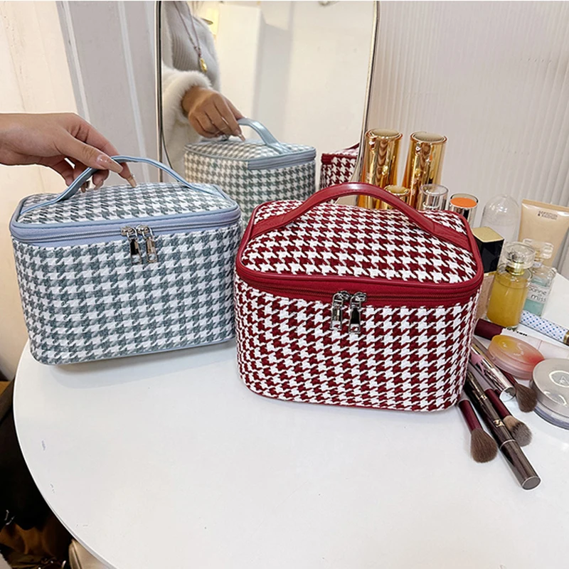 New Women Houndstooth Pattern Tote Makeup Bag Portable Travel Organizer Cosmetic Toiletry Storage Bags Large Capacity Zipper Bag