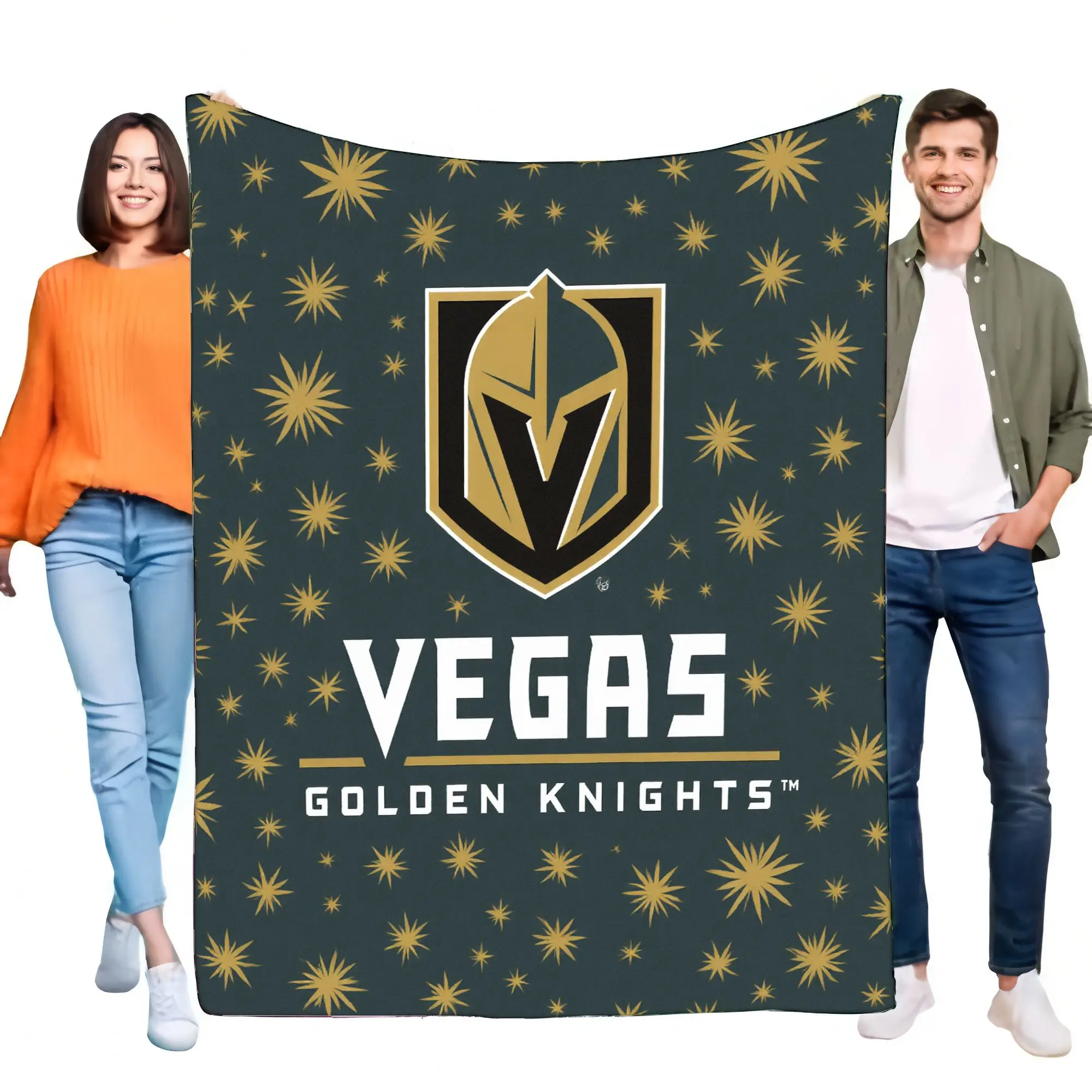 Manta con logo de los Golden Knights de Vegas, suave, color verde oscuro, con patrones dorados Starburst, con diseño de casco
