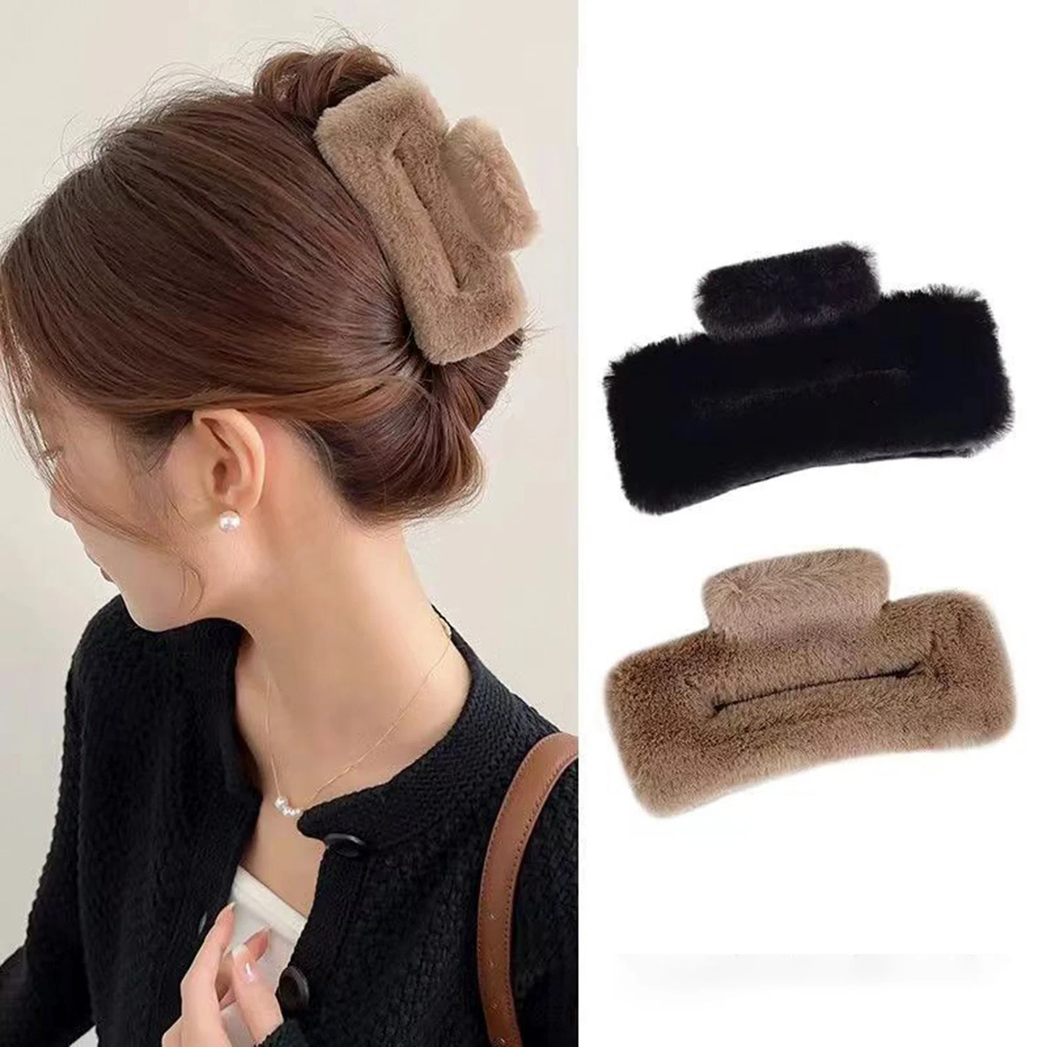 

Fashion Rectangle Plush Hair Claws Women Hair Accessories Winter Black Hollow Out Geometric Ponytail Holder Claw Clips For Girls