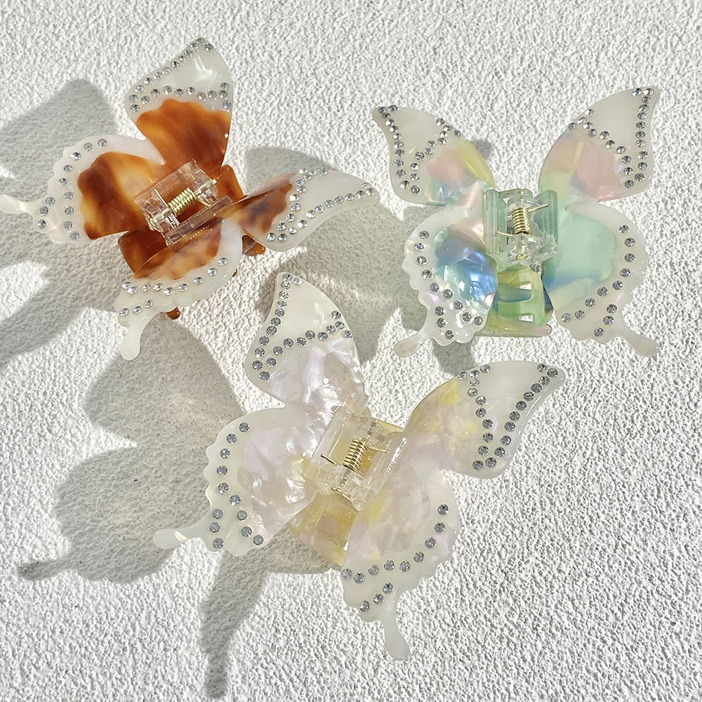 女性のための蝶のヘアクリップ,大きなヘアクリップ,アセテート,グラデーション,バタフライクロー,クリエイティブラインストーン,動物のクリップ,ヘアアクセサリー