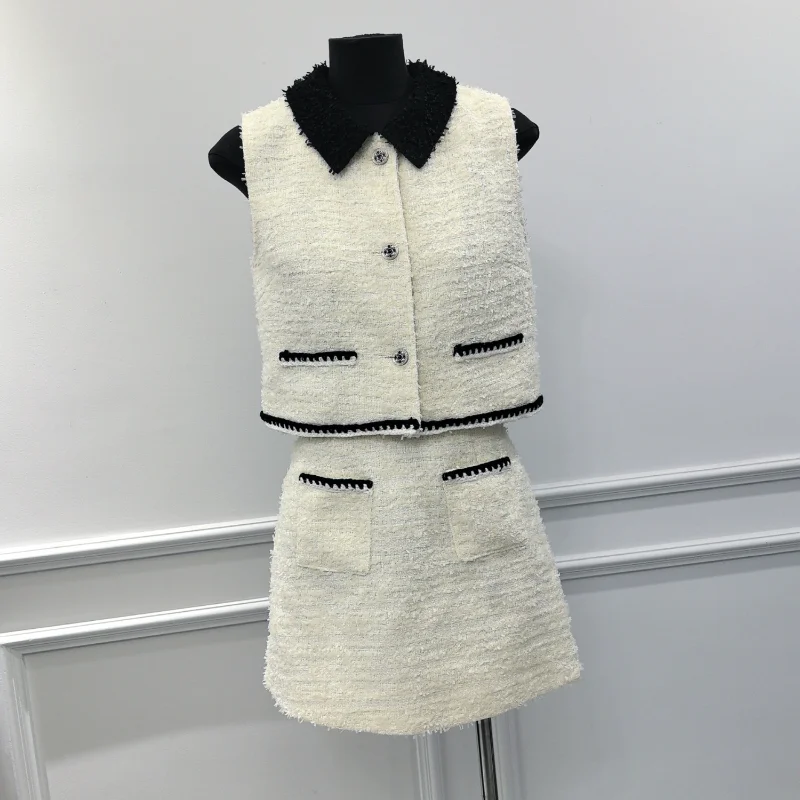 

Women Tweed Fashion Sweet Set Sleeveless Top+ Mini Skirt Simple Chic French Doll Collar Small Fragrance Two-piece Lady Suit