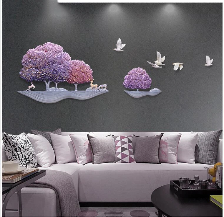 Modern Embossed Painting Resin Tree Bird Wall Mural Decoration Home Livingroom Hanging Crafts Hotel Porch Sticker Art