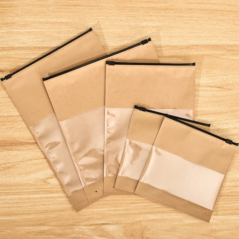 50pcs Clothing Packaging Bag Kraft Paper Clear Window Zipper Bag T-shirt Garment Socks Scarf Storage Bag Universal