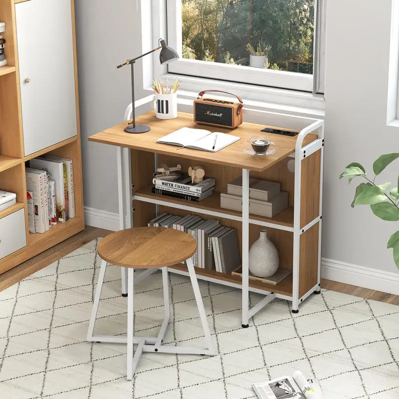 Klappbarer Schreibtisch und Bank-Set mit Integrierter Powerstation und Regalen, Faltbare Tischplatte mit Metallrahmen für Zuhause, Büro und Schlafzimmer