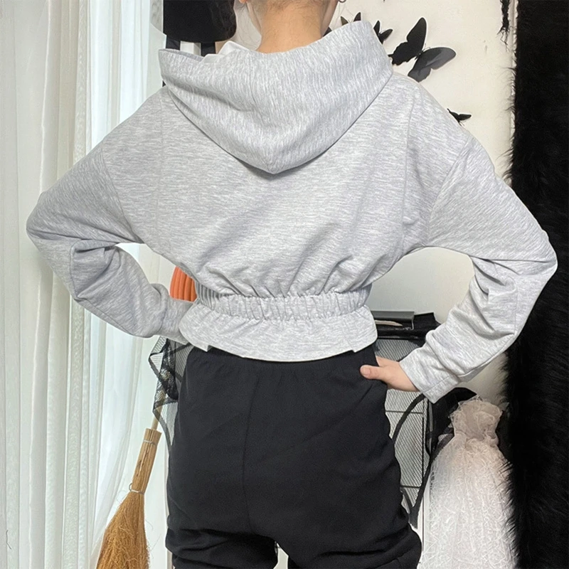 Womens Long Sleeve Cropped T-Shirts Casual Corset Crop Tops Solid Color Hooded Pullover Hoodie Sweatshirt Tees Shirts