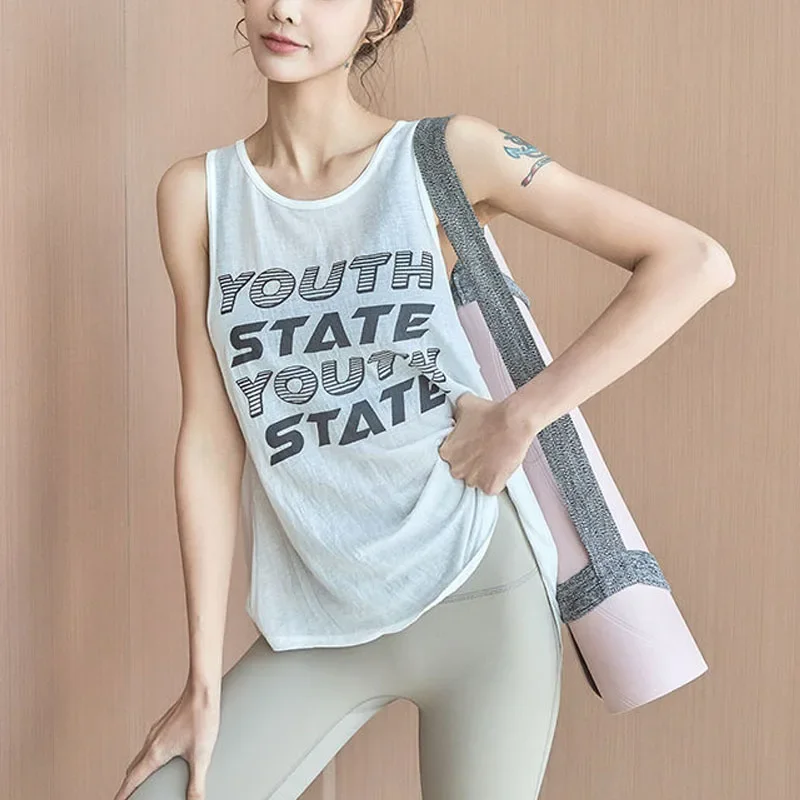 2024 Summer Women Fashion High Street Solid Color Letter Printing Irregular Forking Vest Loose Sleeveless Round Neck T-shirt