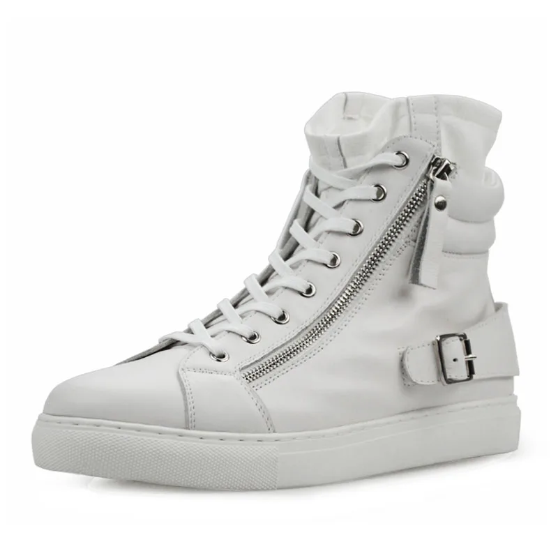 Spring New Men's Leather Thick Soled Fashionable and Trendy White Casual Board Shoes