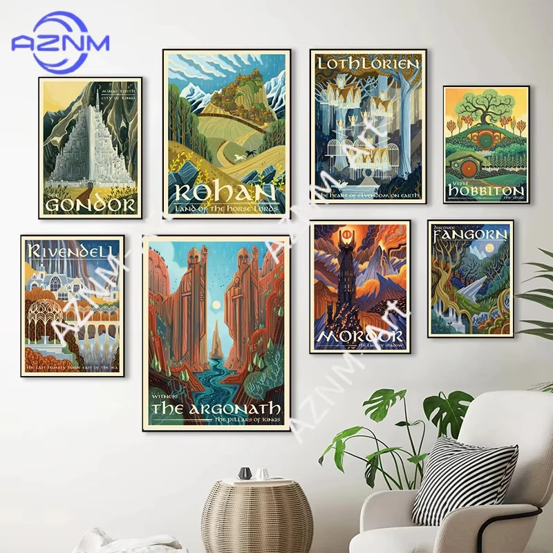 1 Pieza de Arte Mural en Lienzo de Tolkien, Paisaje de la Tierra Media, Pósters y Grabados de El Señor de los Anillos, Cuadros Decorativos para Pared, Regalo de Viaje, Decoración para el Hogar