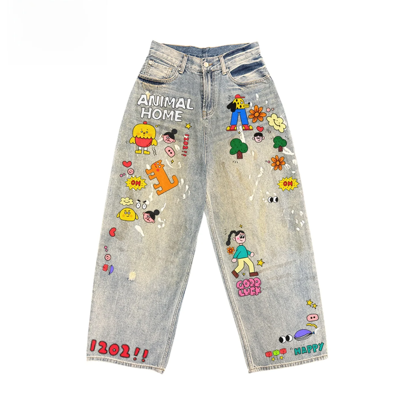 

Street Style Vintage Aby Design Patchwork Jeans Durable Cotton Material Urban Outfit Casual Wear for College Students