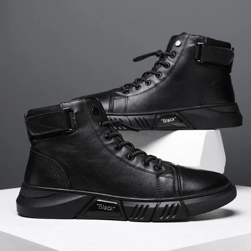Leather Furry Boots Men British Ankle Booties Plus Velvet Warm Winter Shoes Mens High-top Chelsea Boot Platform Zapatos Hombre