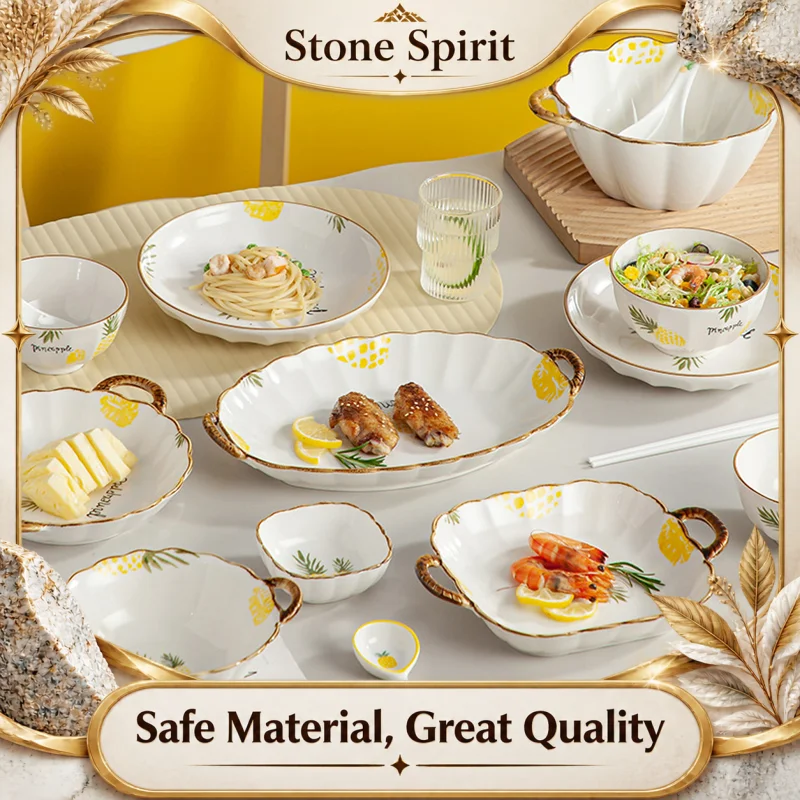 Hand Drawn Circular Ceramic Plates, Dishes, Fish Plates, Soup Bowls, Double Ear Baking Pans, Household Rice Bowls, Tableware