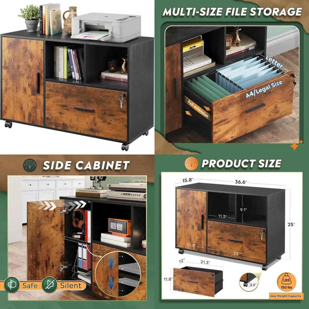 1-Drawer Rolling File Cabinet with Lock, Wooden Home Office Printer Stand, Mobile Storage Solution