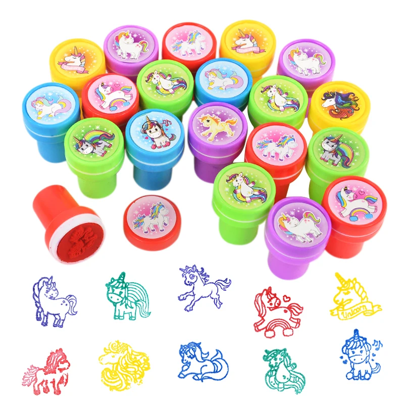 10pcs Cartoon Unicorn Animal Self-ink Stamps Toy Kids Birthday Party Favors Goodie Bag Pinata Fillers Boy Girl Christmas Gift