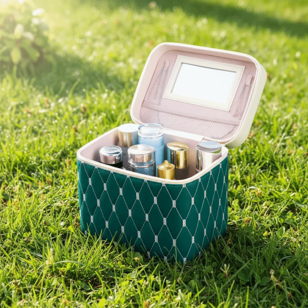 Portable PU Leather Cosmetic Bag Large Capacity Anti-crush Makeup Bag with Mirror Waterproof Cosmetic Storage Box Women