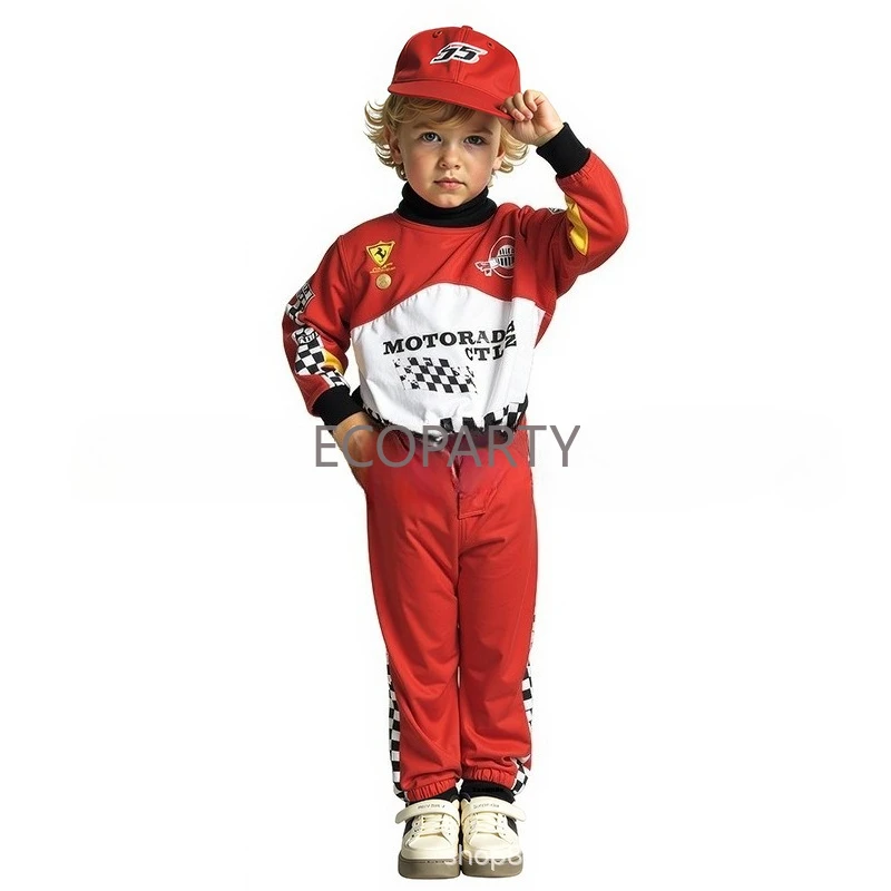 Disfraz de corredor de Halloween para niños, uniforme de conductor de coche de carreras rojo, disfraz de conductor de carreras para niños, disfraz de disfraz