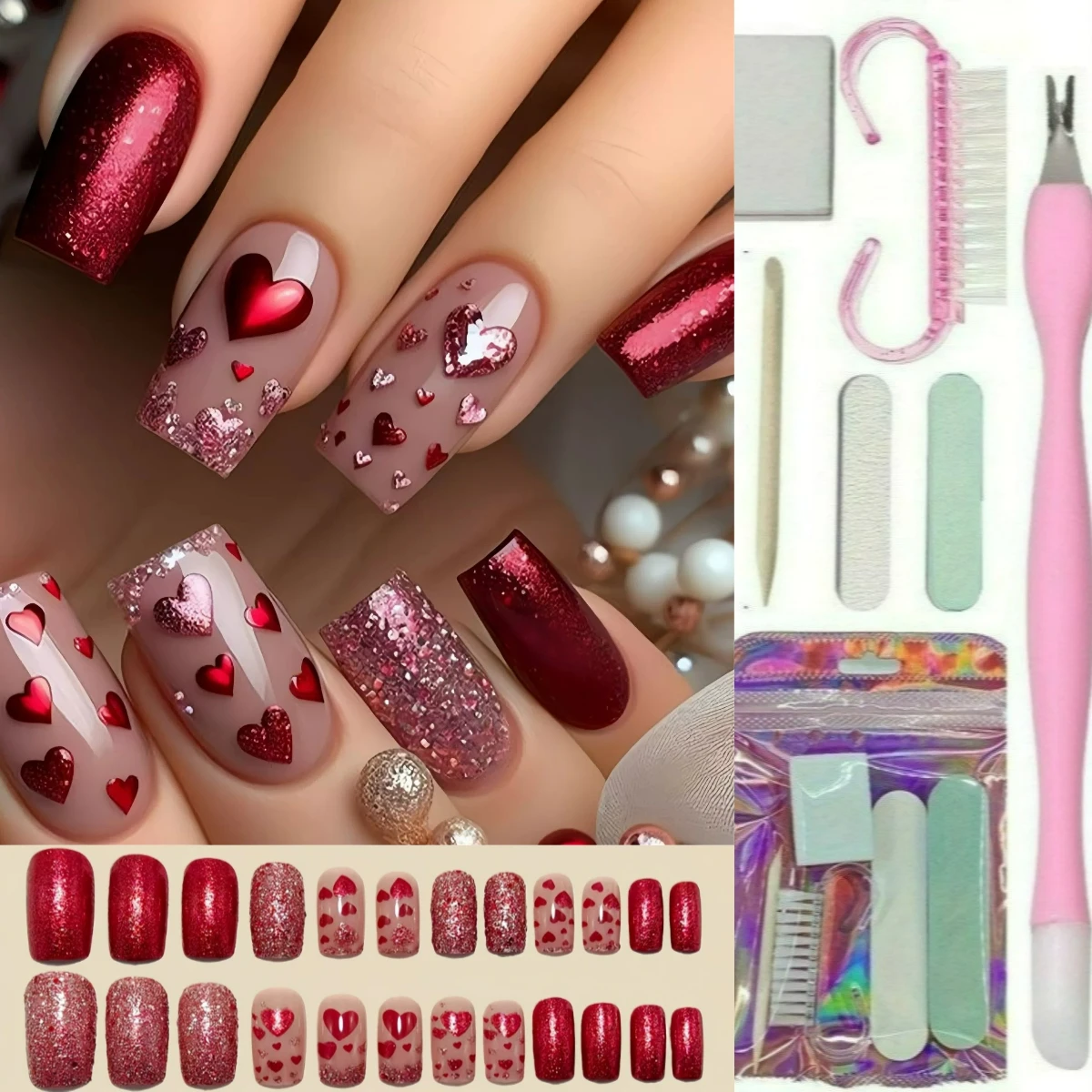 

24Pcs Set Short Square Fake Nails,Glitter Pink Heart-shaped Nail Patch Set,Suitable for Valentine's Day,Parties,and Daily Wear