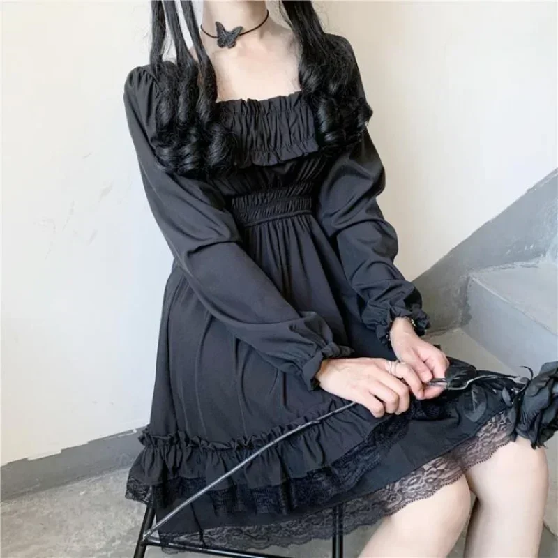 Japanese Lolita Style Women Princess Black Mini Dress Slash Neck High Waist Gothic Dress Puff Sleeve Lace Ruffles Party Dresses