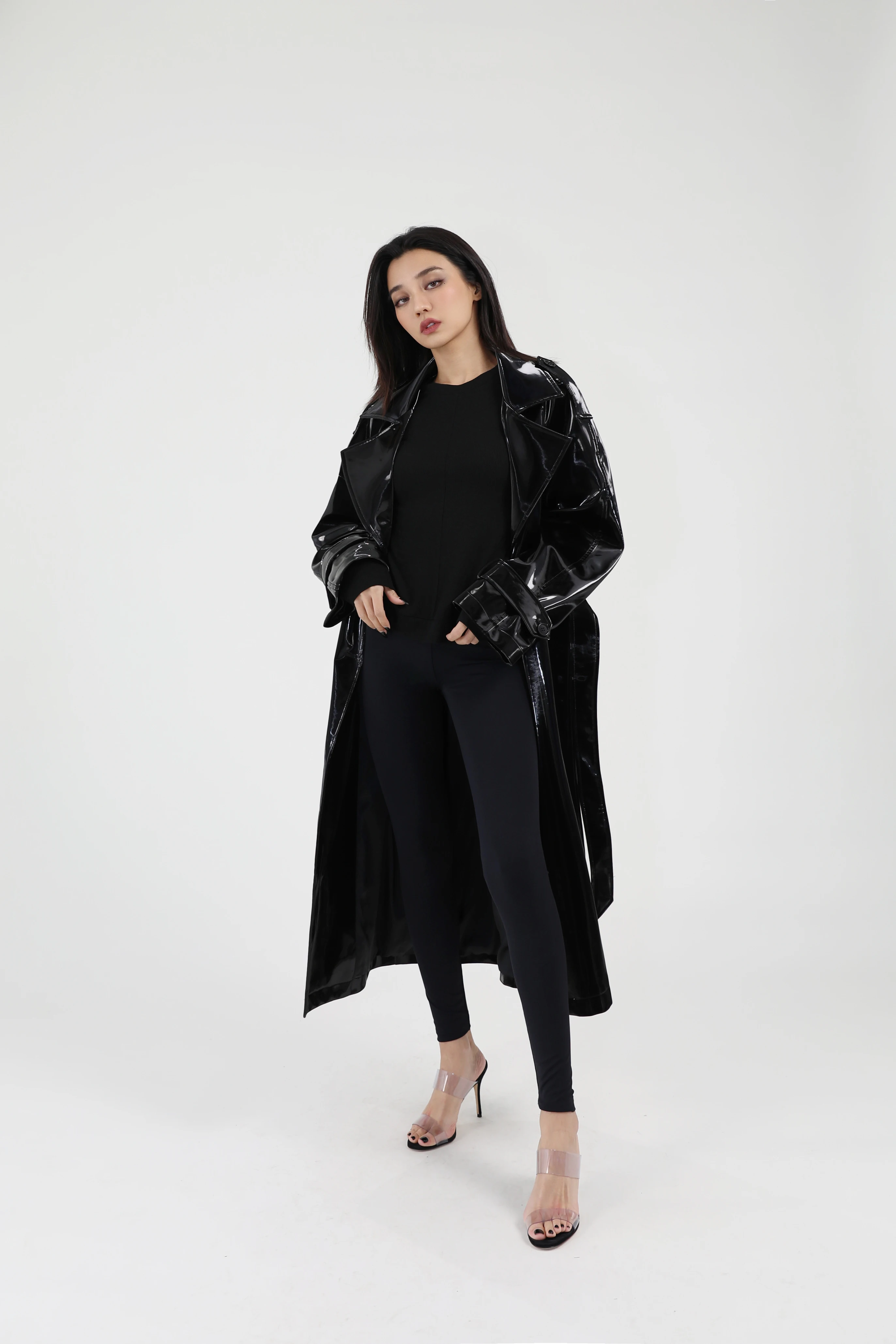 Lautaro Spring Autumn Long Shiny Reflective Patent Leather Trench Coat for Women Sashes Luxury Designer Runway European Fashion