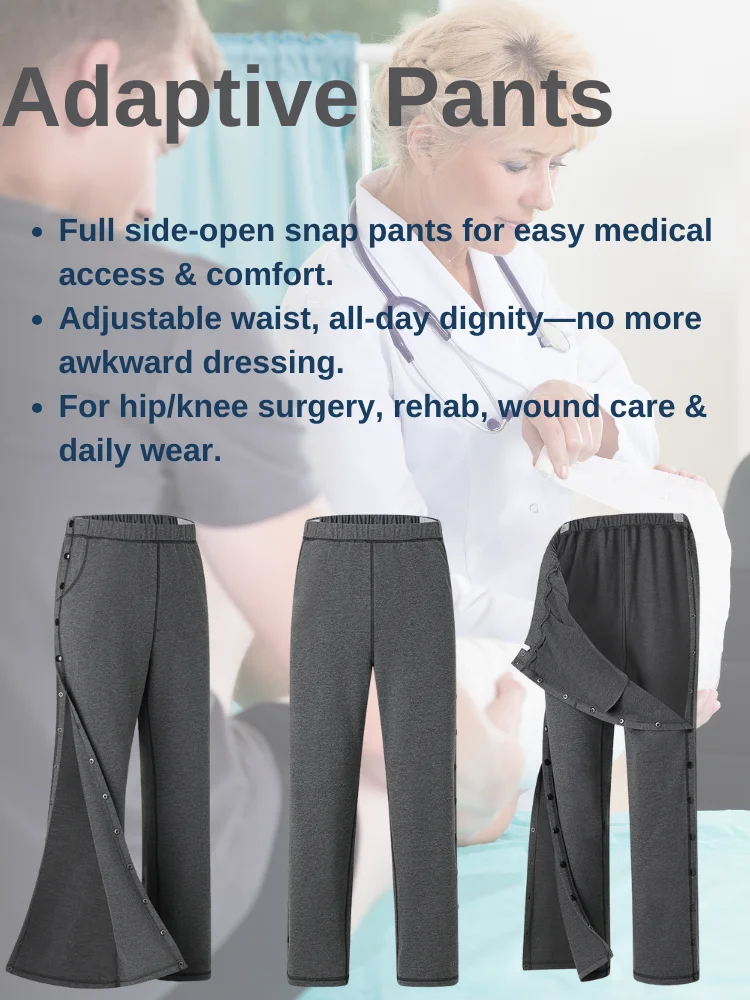 Adaptive Recovery Pants with Full Side Snaps, Adjustable Waist, Antibacterial, for Hip/Knee Surgery, Elderly Care, unisex