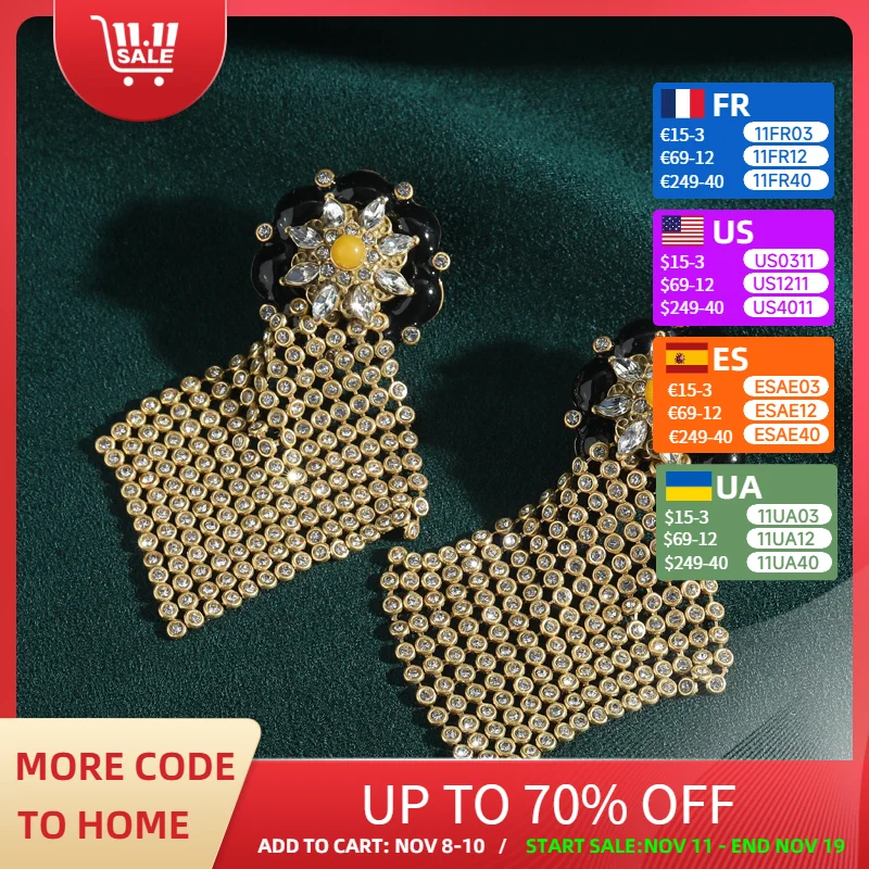 

Vintage Black Petal Flower Earrings Dangle Fringe Skirt For Woman Floral Gold Color Luxury Designer Zirconia Jewelry Accessories