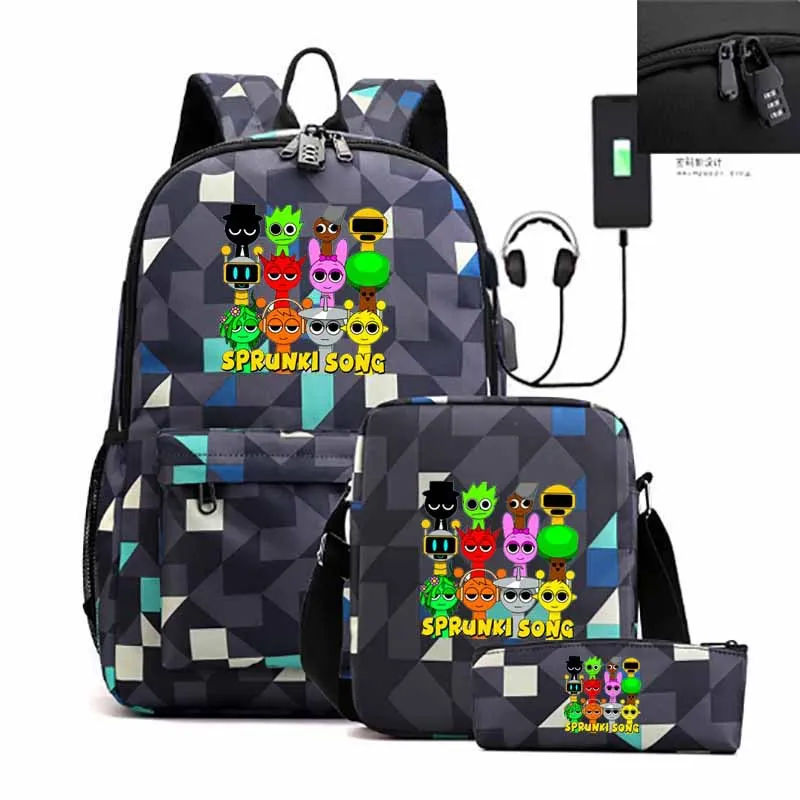 Spunki Backpacks 3pcs Simple Lightweight Capacity Teens Laptop School Bags Women Men Travel Fashion USB An-ti Lock Mochila