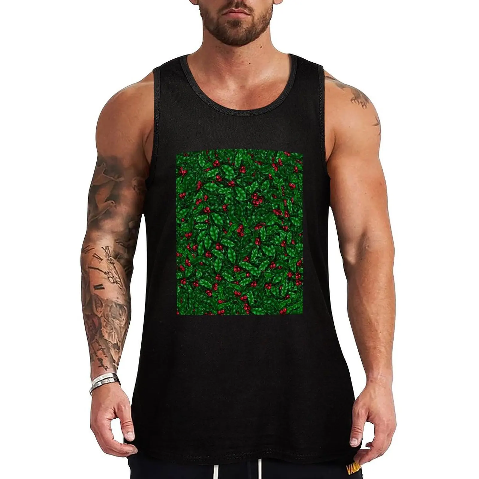 

Christmas holly with berries. Tank Top vest for men summer clothes men 2025 Gym T-shirts for men Men's sleeveless gym shirts