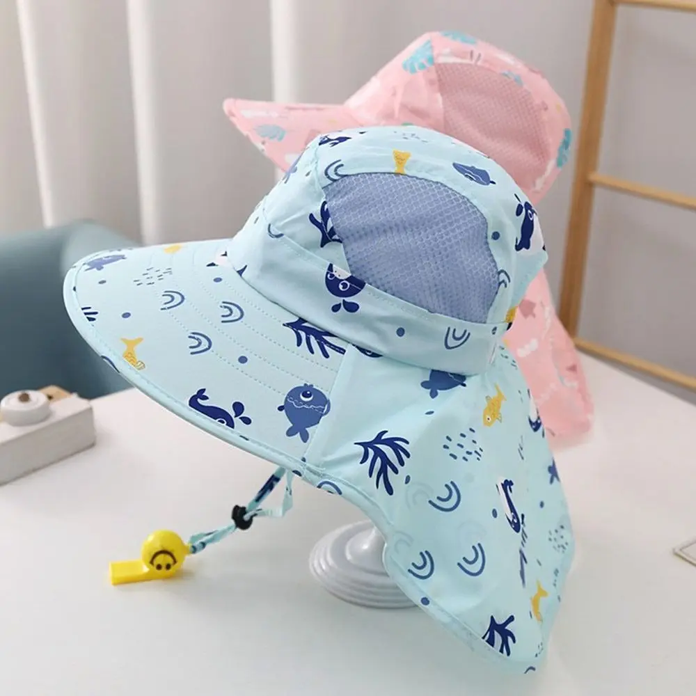 Summer Baby Sun Hat Bucket Cap With Whistle For Girls Boys Outdoor Neck Ear Cover Anti UV Kids Beach Caps