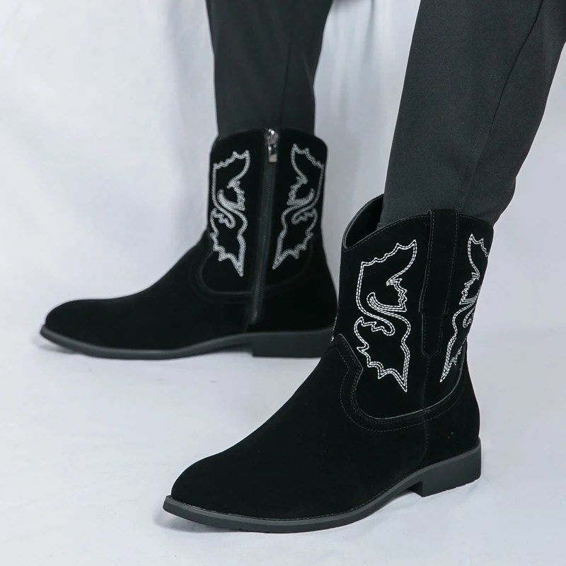 

Autumn and Winter New Men's Mid Tube Ground Print Boots Pointed Boots High Top Business Shoes Formal Shoes Men's Cycling Shoes