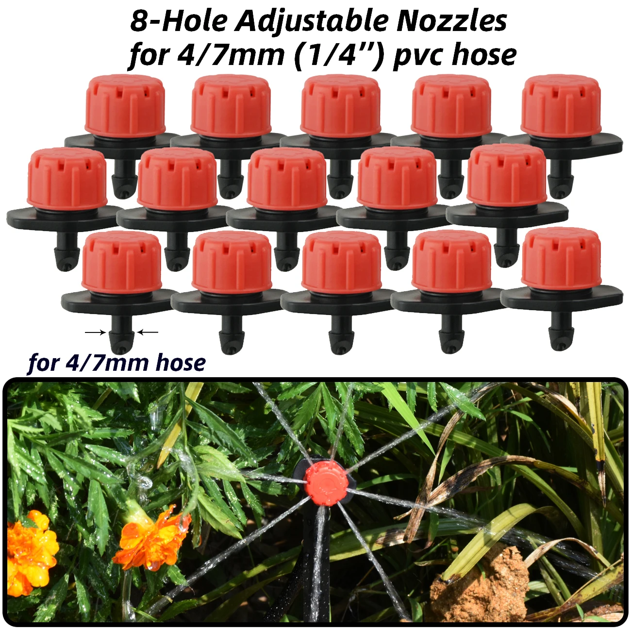 50-800PCS 1/4'' Adjustable Nozzles Drip Irrigation Watering Sprinkler Dripper Emitter for 4/7mm Hose Garden Flower Greenhouse