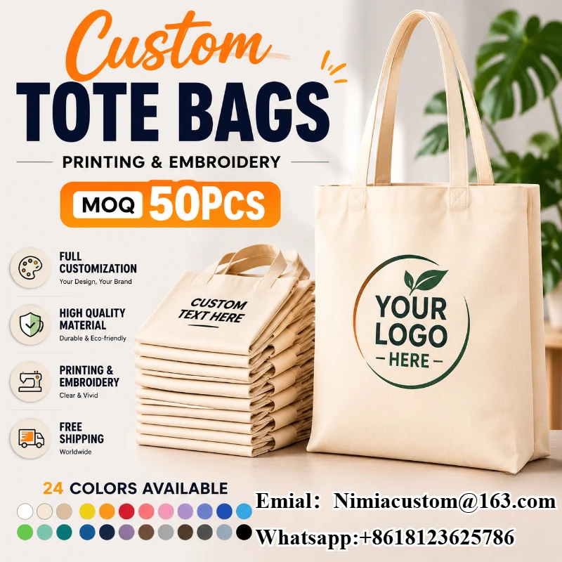 Custom Tote Bag Handbag with Logo Personalized Canvas Shopping Bag Printing Design Promotional Wholesale Moq 50pcs