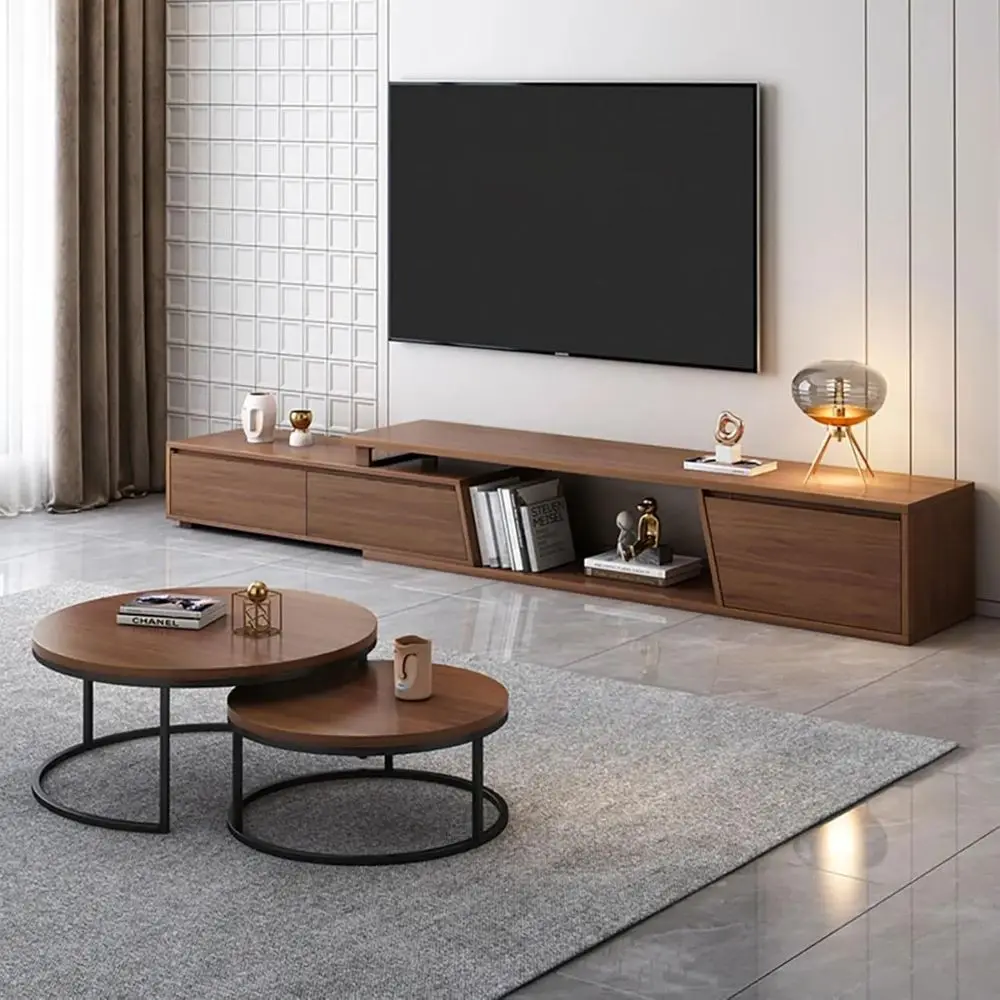 

Walnut Expandable TV Stand and Matching Nesting Coffee Tables Duo