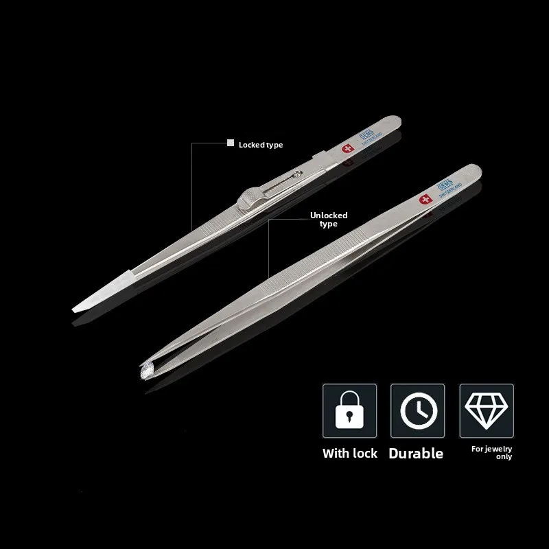 Premium Stainless Steel Diamond Tweezer Pointed Tip Anti-Slip Locking Groove Tool for Gemstone Jewelry Bead Setting Pick